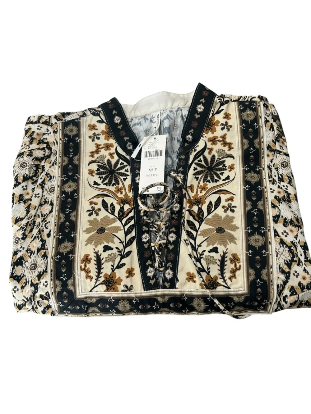 Anthropologie Pleated Puff-Sleeve Blouse Black Motif Size XSP